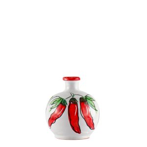 Orcio in ceramica fatto a mano con soggetto peperoncini - contenuto olio extravergine di oliva formato 200 ml forma sfera
