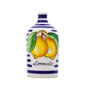 Ceramic jar with blue stripes filled with Limoncello of Sorrento - cylinder size 500 ml