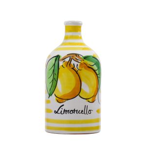 Ceramic jar with yellow stripes filled with Limoncello of Sorrento - cylinder size 500 ml